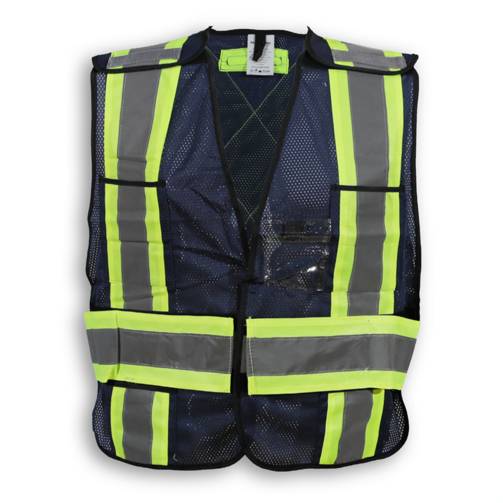 Polyester mesh safety vest has 5-point tear-away, 4 front pockets, "D" ring slot and 4" reflective tape. Meets CSA Z96-15 Class 1, Level 2