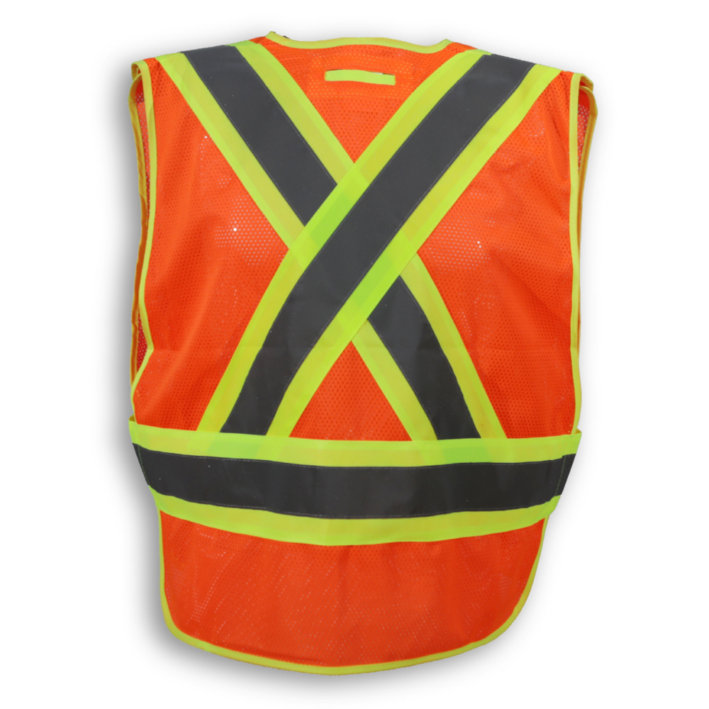 Polyester mesh safety vest has 5-point tear-away, 4 front pockets, "D" ring slot and 4" reflective tape. Meets CSA Z96-15 Class 2, Level 2.