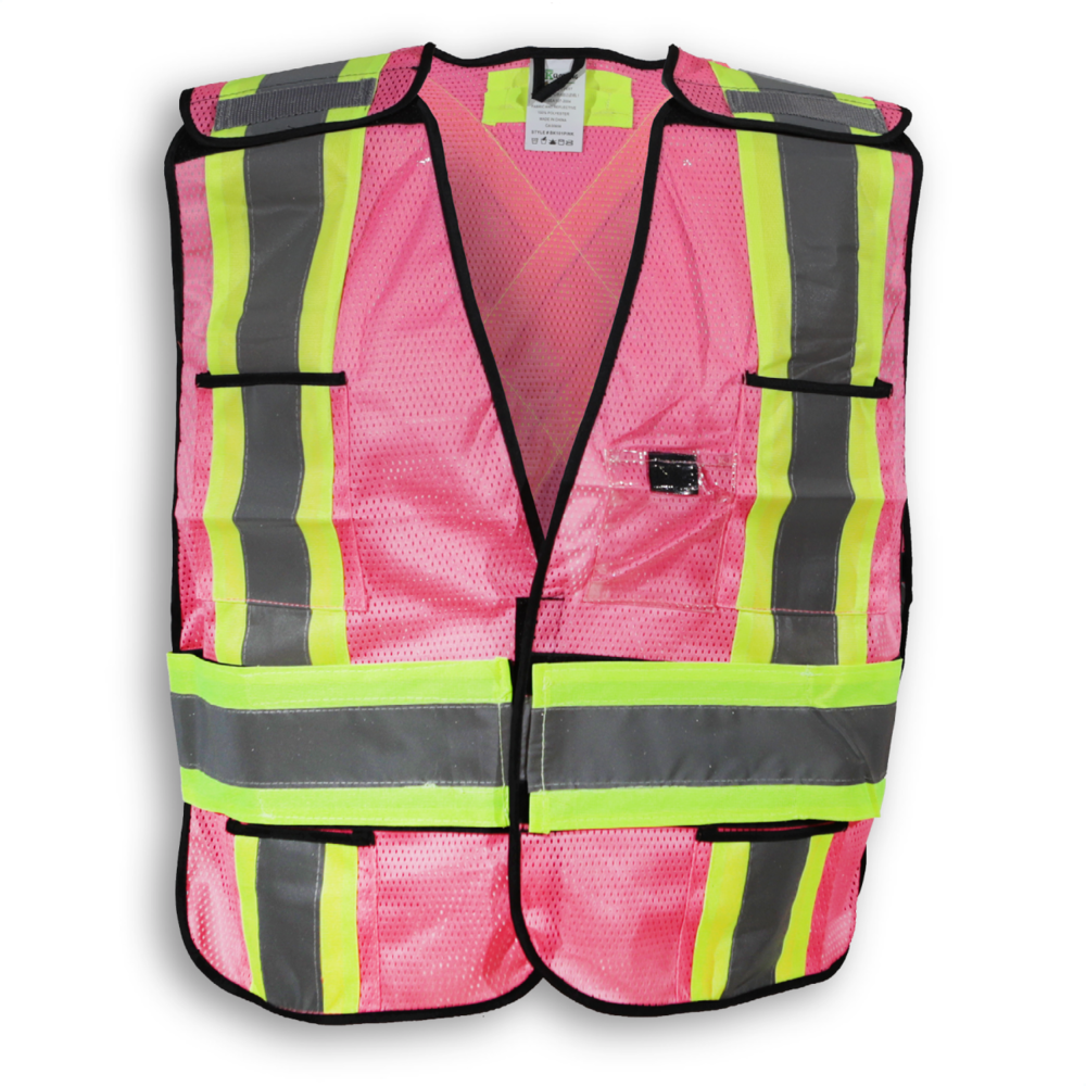 Polyester mesh safety vest has 5-point tear-away, 4 front pockets, "D" ring slot and 4" reflective tape. Meets CSA Z96-15 Class 1, Level 2